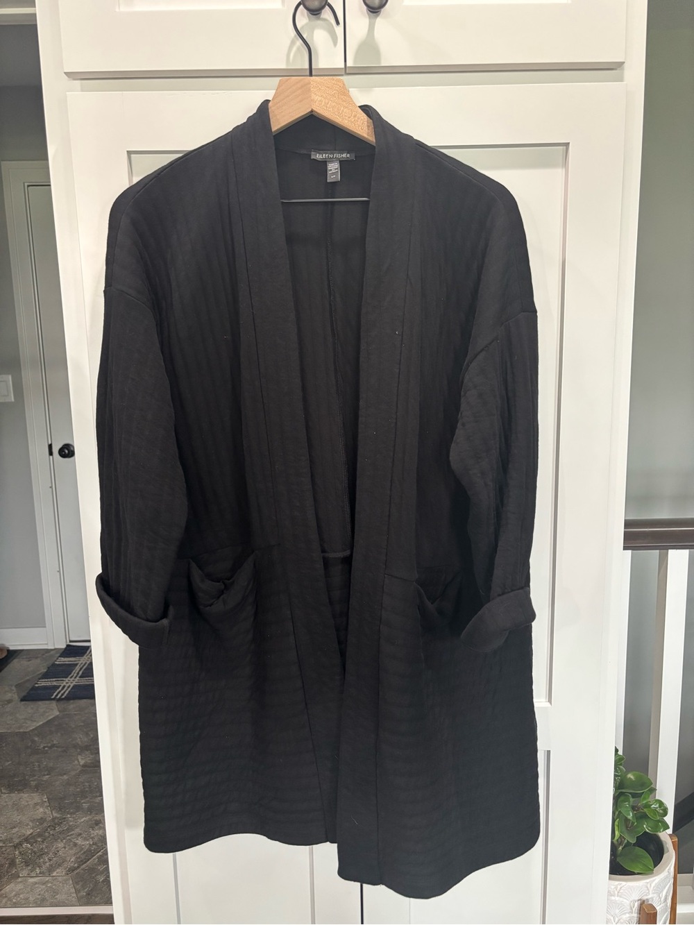 Eileen Fisher Organic Cotton Black Knit Cardigan with Cuffed Sleeves